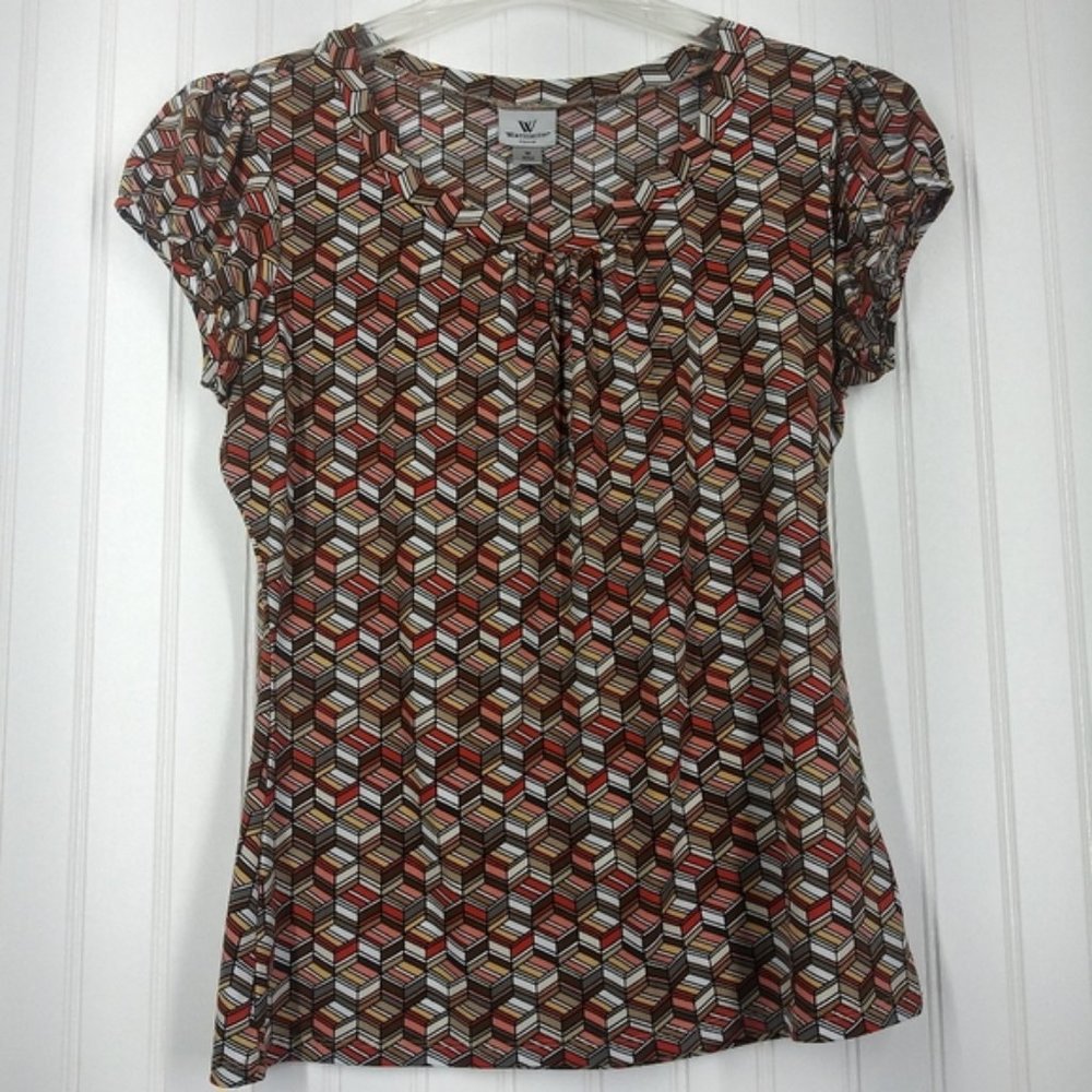 ❤2/$15 Worthington  Women's Blouse Abstract Print Pleated neckline Size M